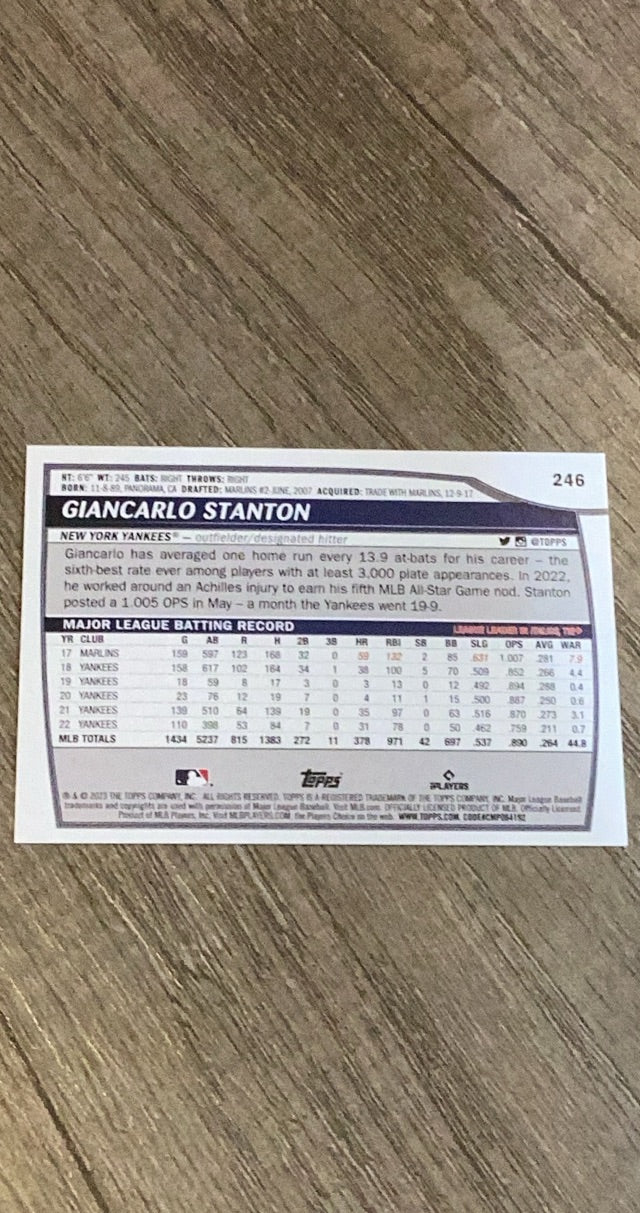Giancarlo Stanton 2023 Topps Big League 246 trading card image rear