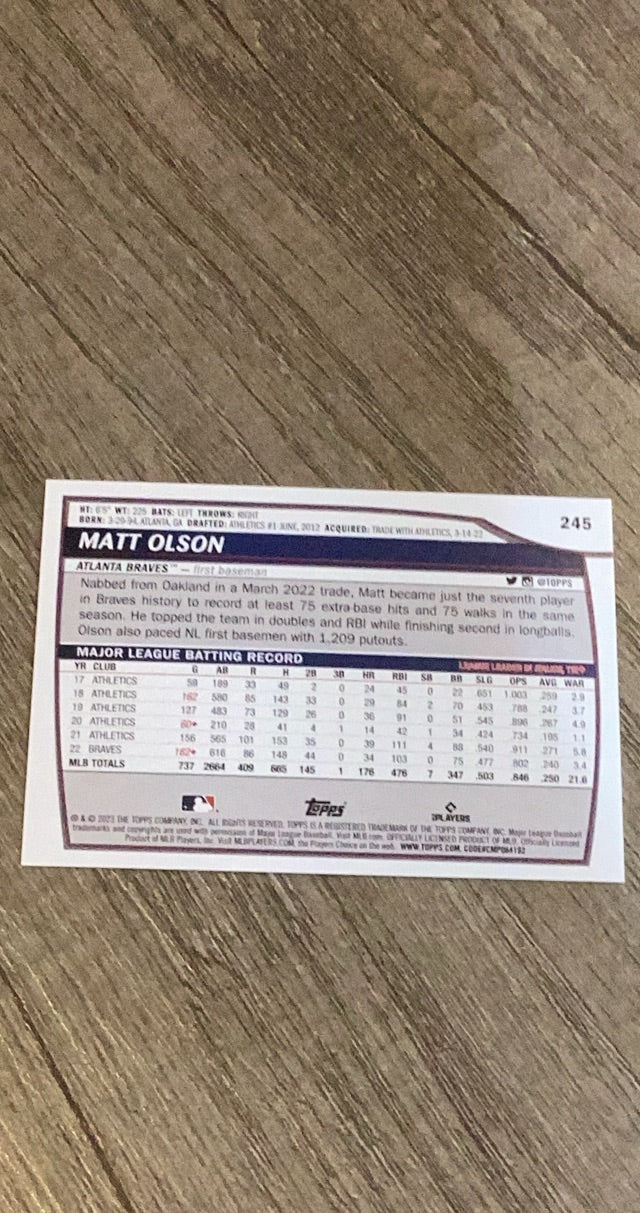 Matt Olson 2023 Topps Big League 245 trading card image rear