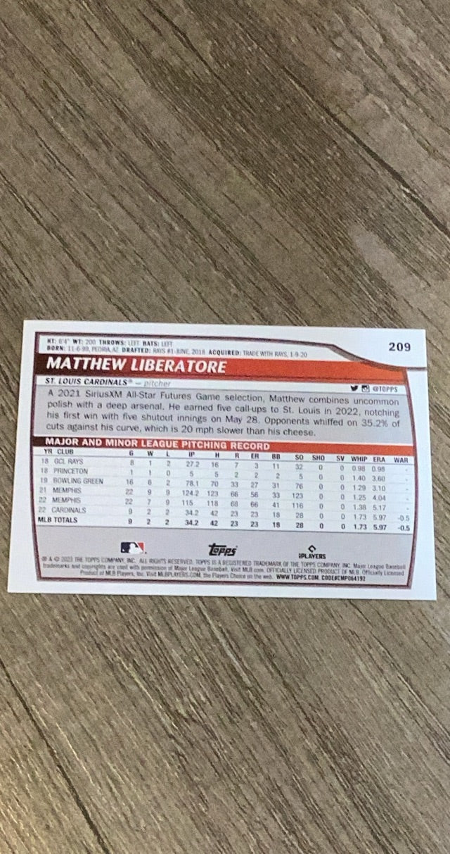 Matthew Liberatore 2023 Topps Big League 209 trading card image rear