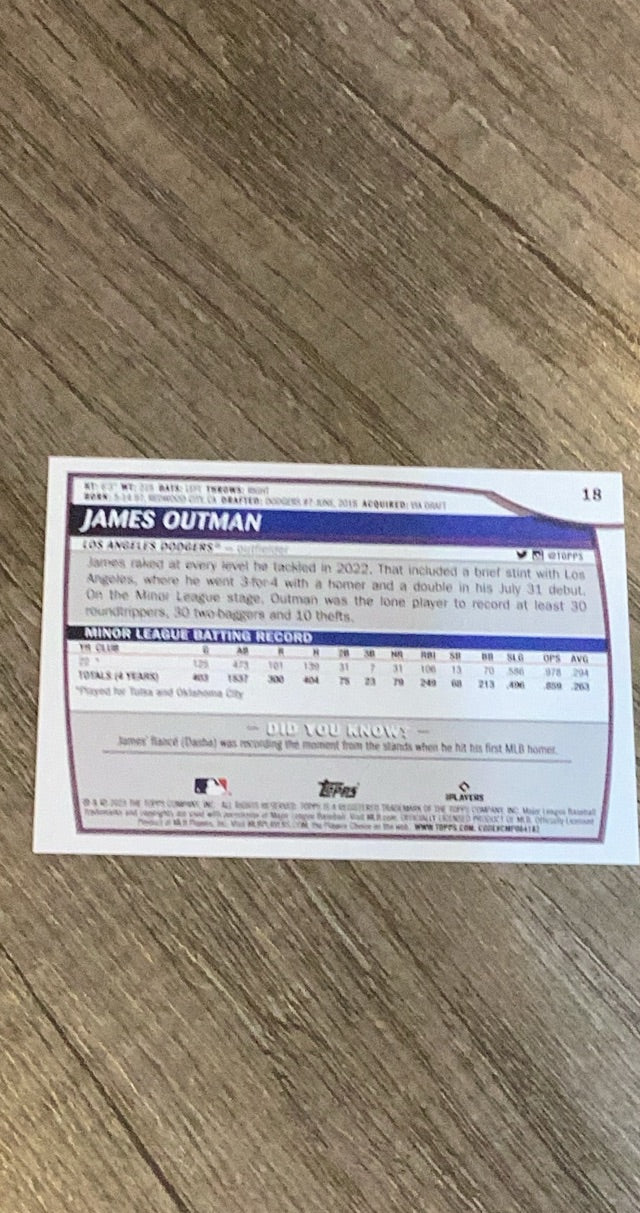 James Outman 2023 Topps Big League 18 trading card image rear