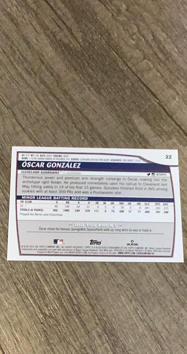 Oscar Gonzalez 2023 Topps Big League 22 trading card image rear