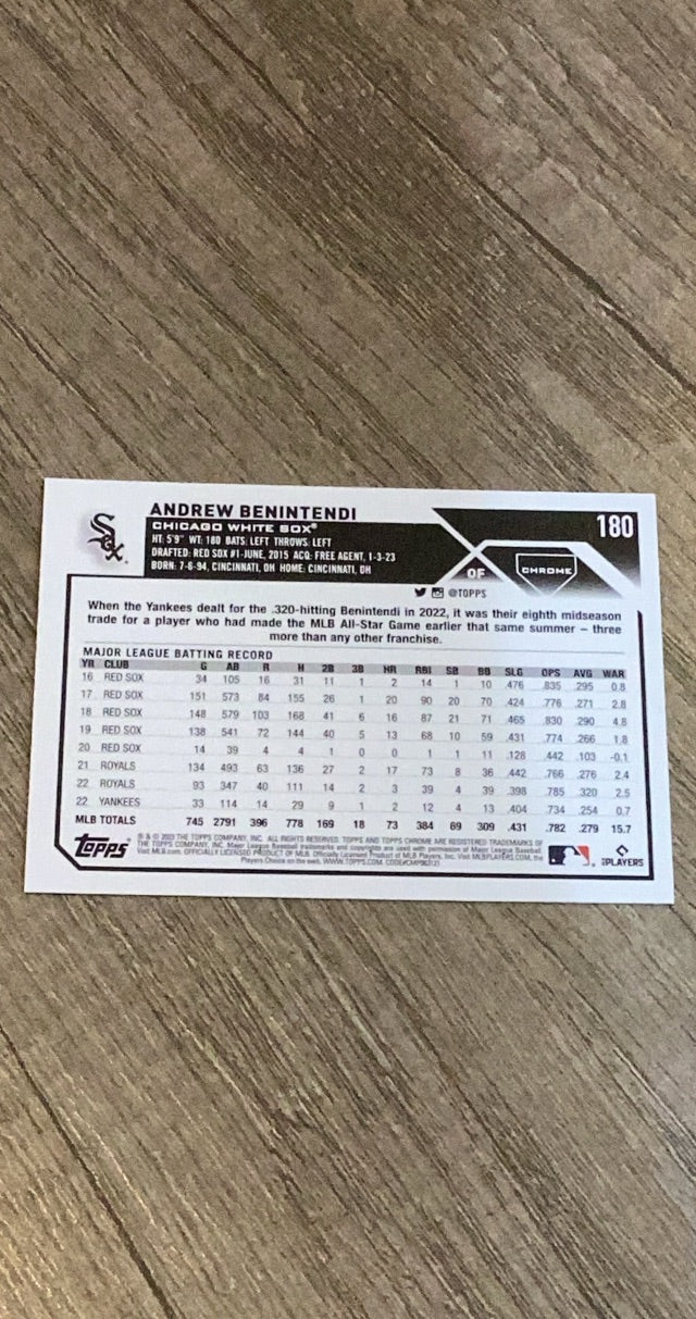 Andrew Benintendi 2023 Topps Chrome X-Fractors 180 trading card image rear
