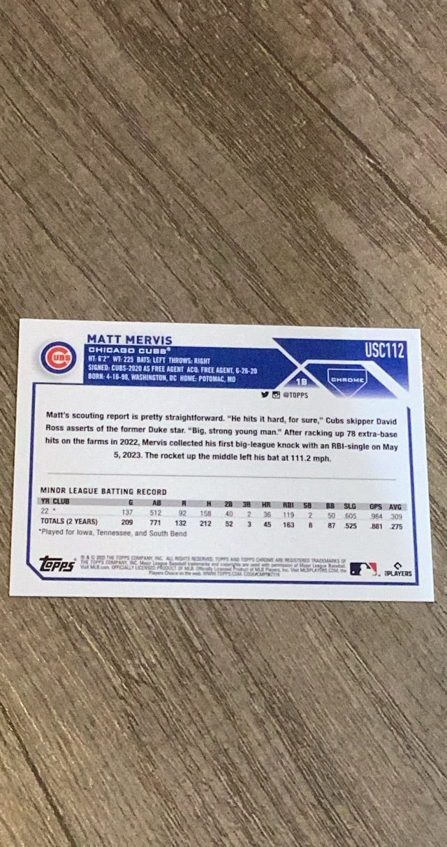 Matt Mervis 2023 Topps Chrome Update USC112 trading card image rear