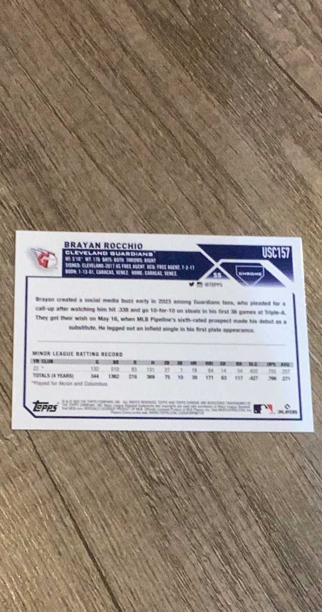 Brayan Rocchio 2023 Topps Chrome Update USC157 trading card image rear