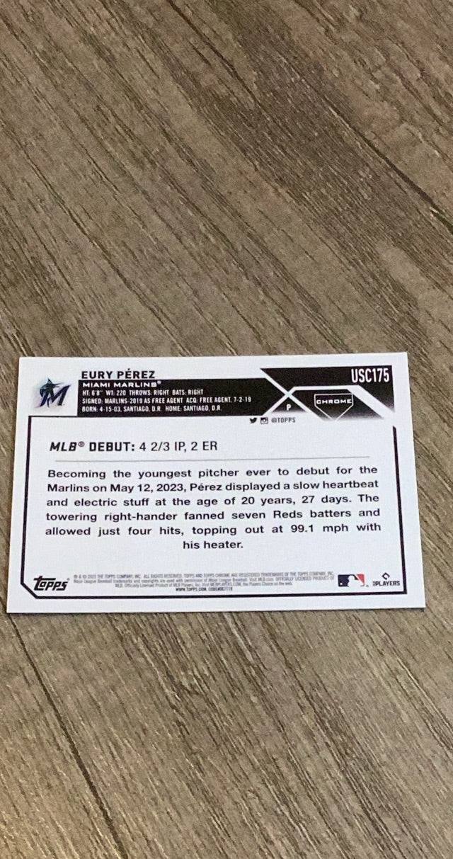 Eury Perez 2023 Topps Chrome Update USC175 trading card image rear