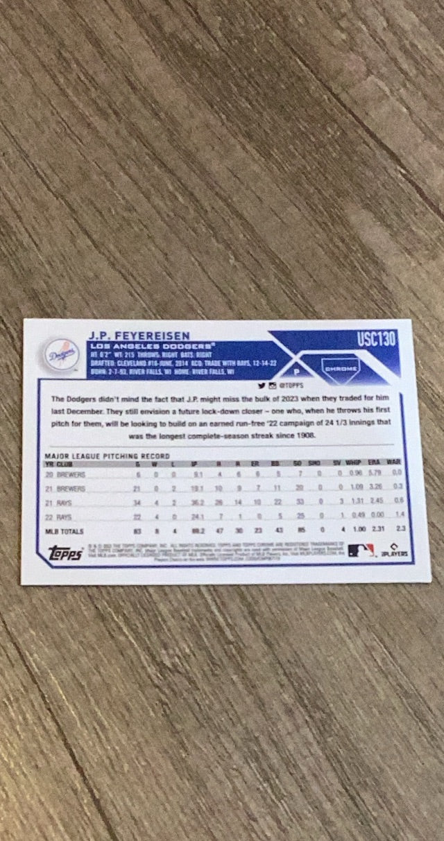 J.P. Feyereisen 2023 Topps Chrome Update USC130 trading card image rear