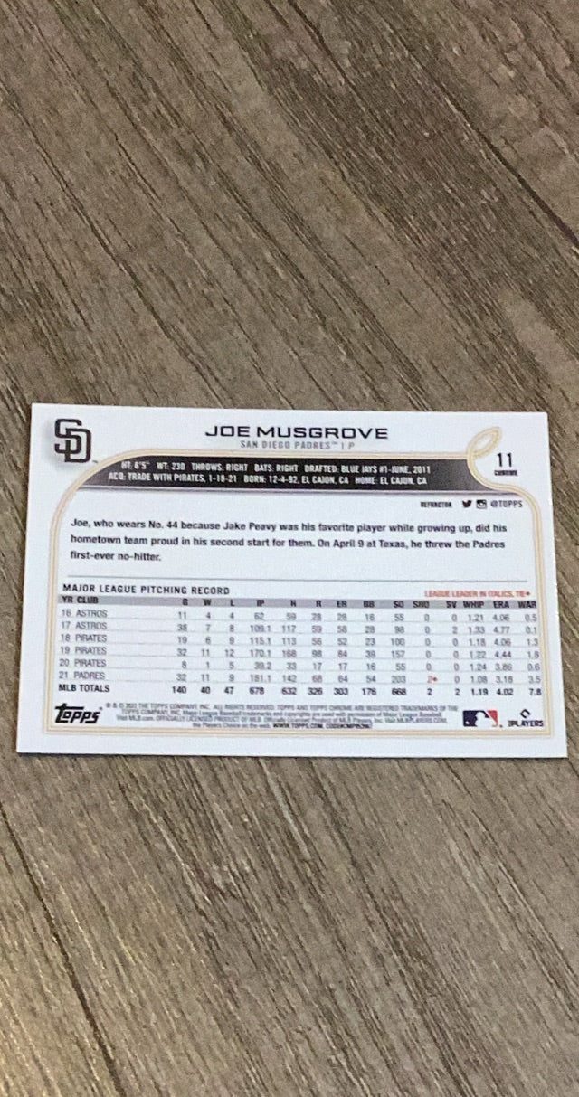 Joe Musgrove 2022 Topps Chrome Refractor 11 trading card image rear