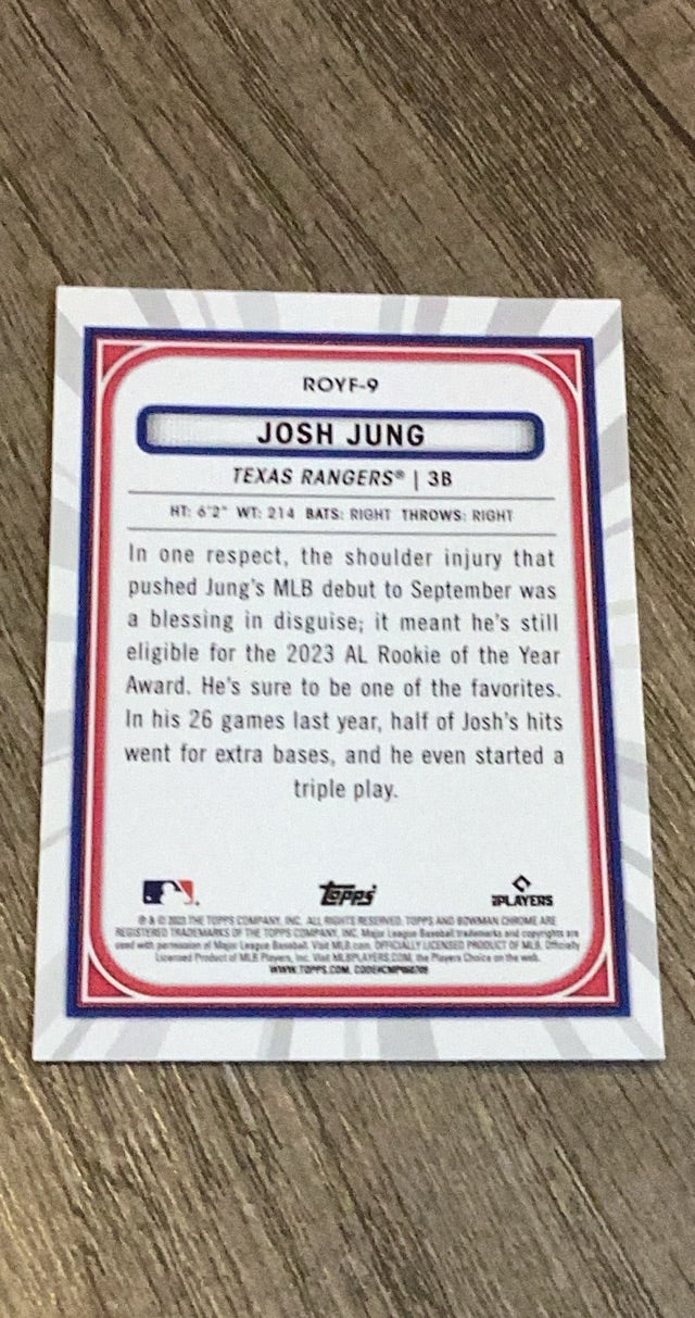 Josh Jung 2023 Bowman Rookie of the Year Favorites ROYF-9 trading card image rear
