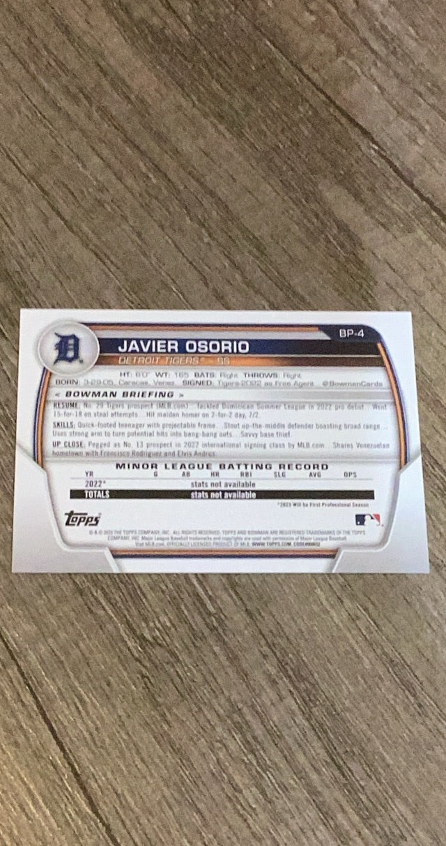 Javier Osorio 2023 Bowman Prospects BP-4 trading card image rear
