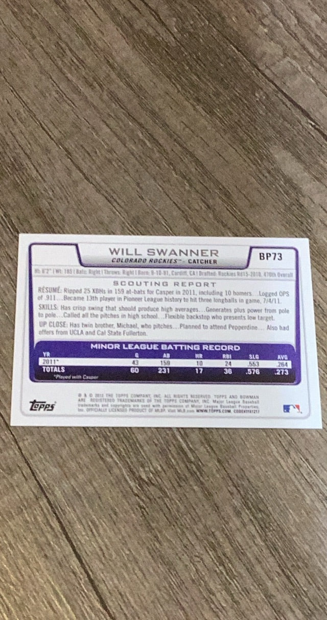 Will Swanner 2012 Bowman Prospects BP73 trading card image rear