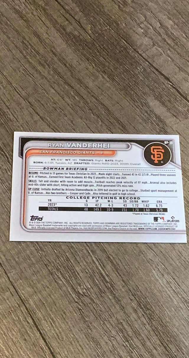 Ryan Vanderhei 2024 Bowman Prospects BP-15 trading card image rear