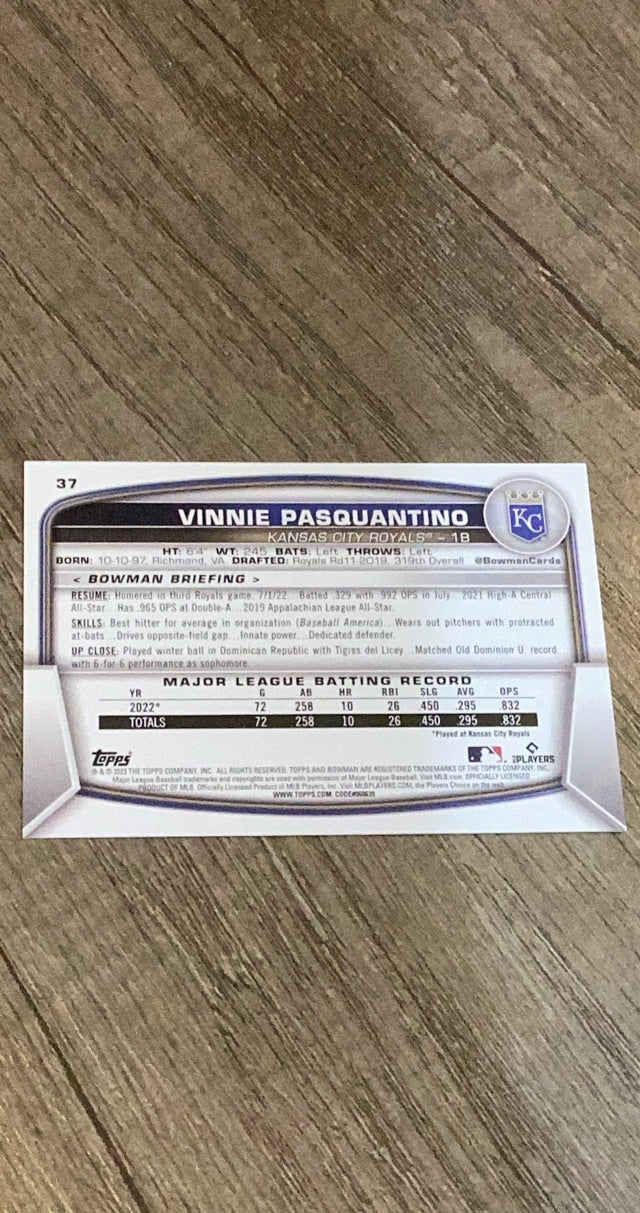 Vinnie Pasquantino 2023 Bowman 37 trading card image rear