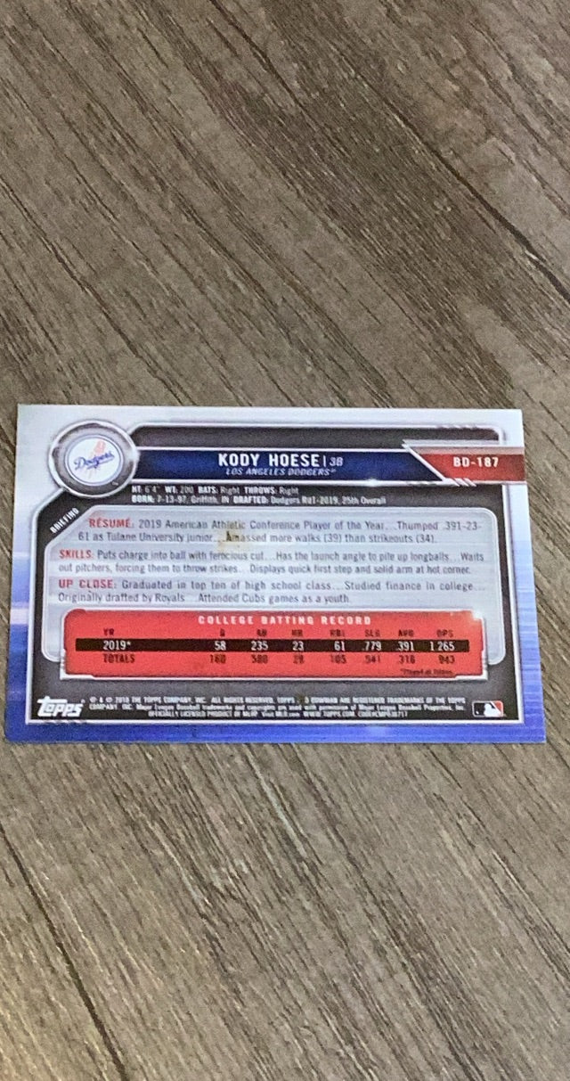 Kody Hoese 2019 Bowman Draft BD-187 trading card image rear