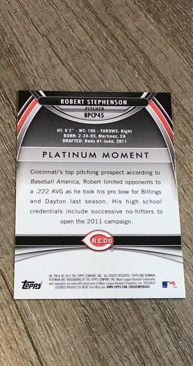 Robert Stephenson 2013 Bowman Platinum Chrome Prospects X-Fractors BPCP45 trading card image rear