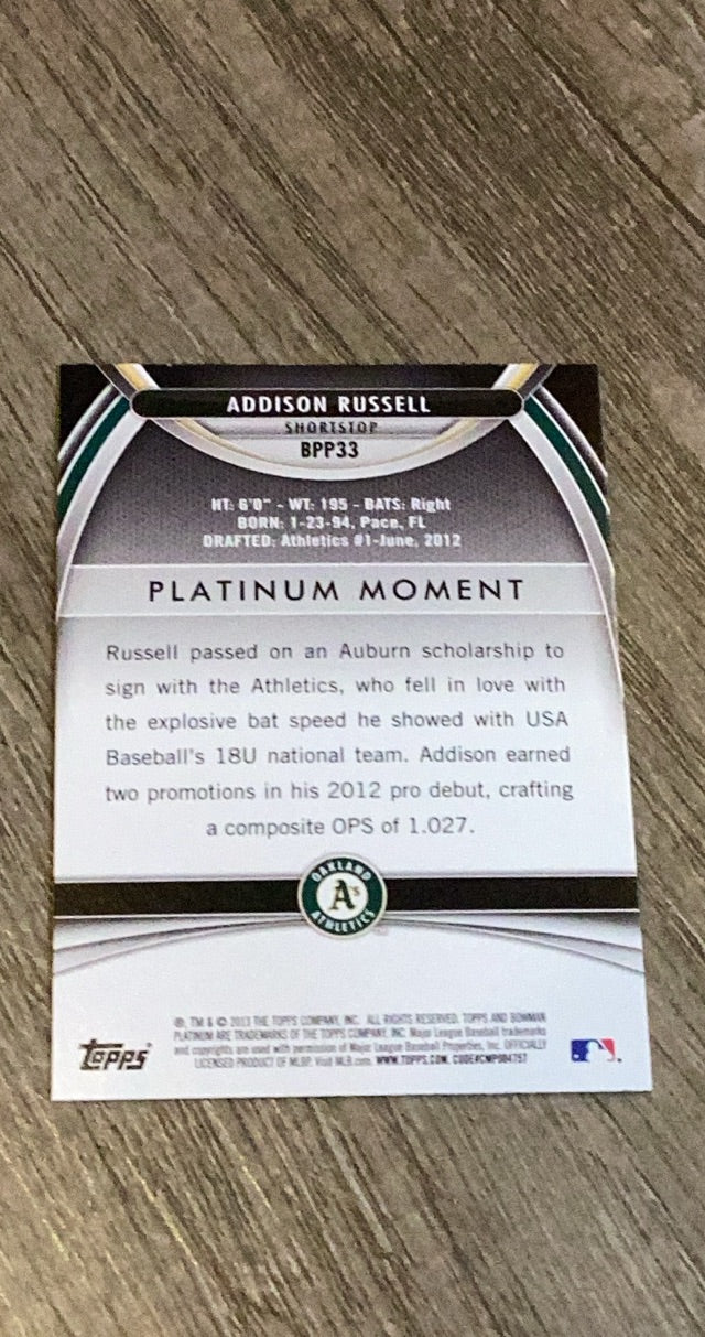 Addison Russell 2013 Bowman Platinum Prospects BPP33 trading card image rear