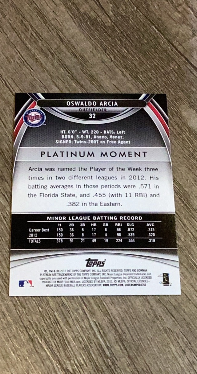 Oswaldo Arcia 2013 Bowman Platinum Gold 32 trading card image rear