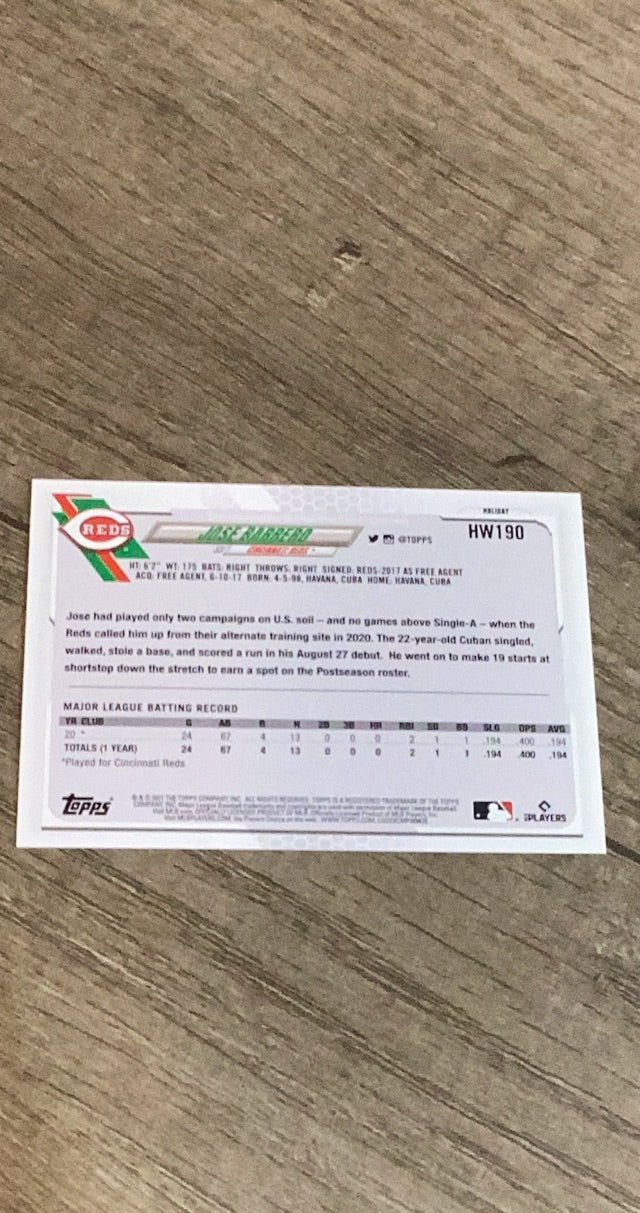 Jose Barrero 2021 Topps Holiday HW190 trading card image rear