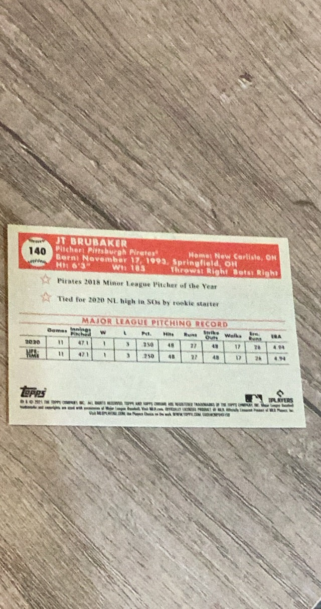 JT Brubaker 2021 Topps Chrome Platinum Anniversary Black & White Mini-Diamonds Refractor 140 trading card image rear