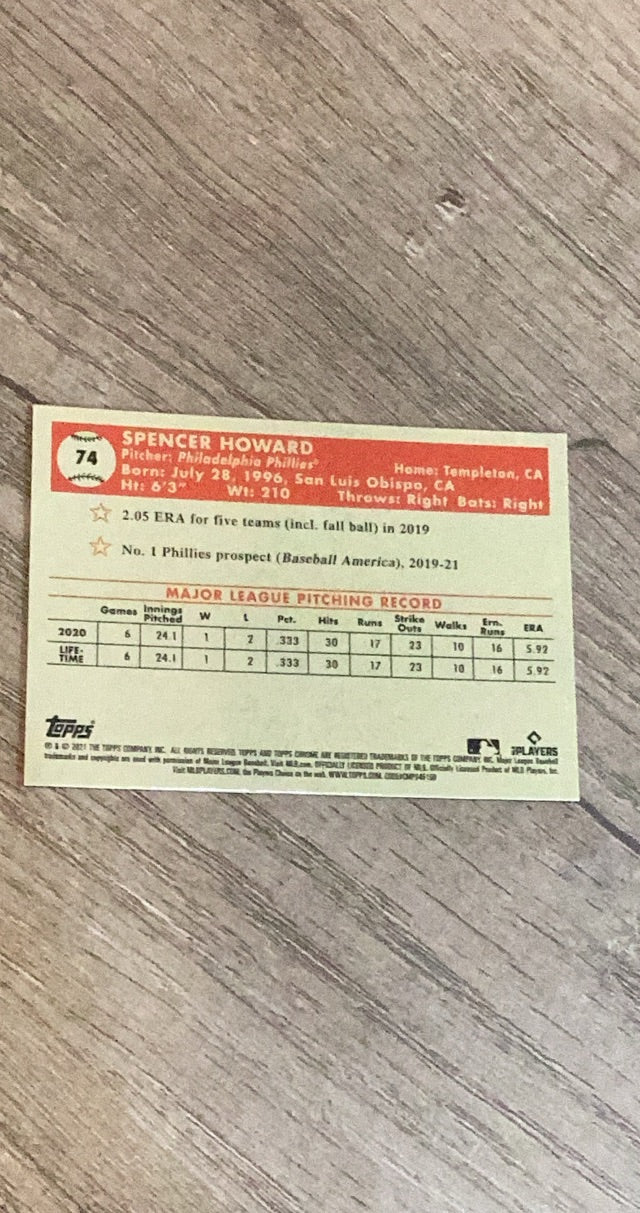 Spencer Howard 2021 Topps Chrome Platinum Anniversary 74 trading card image rear