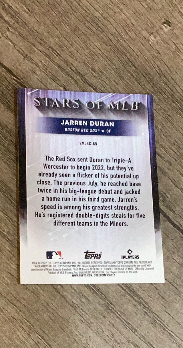 Jarren Duran 2022 Topps Update Stars of MLB Chrome SMLBC-65 trading card image rear
