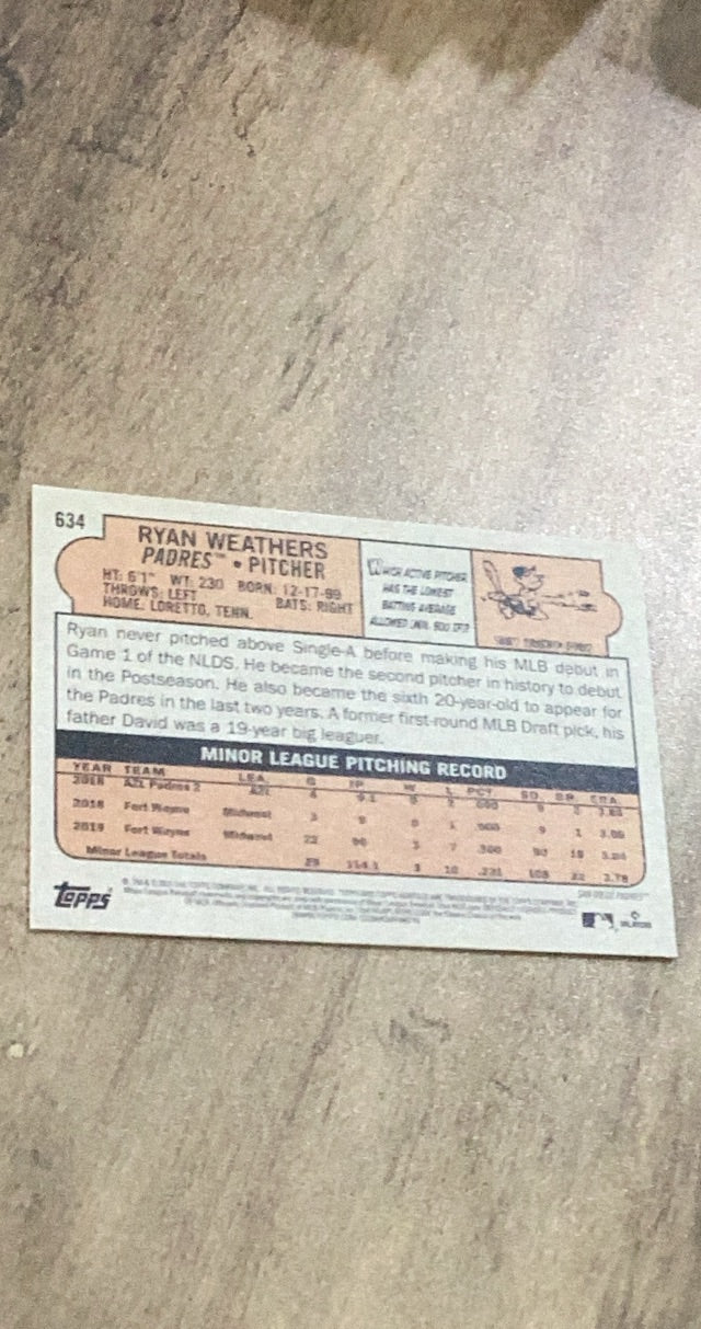 Ryan Weathers 2021 Topps Heritage 634 rookie card image rear