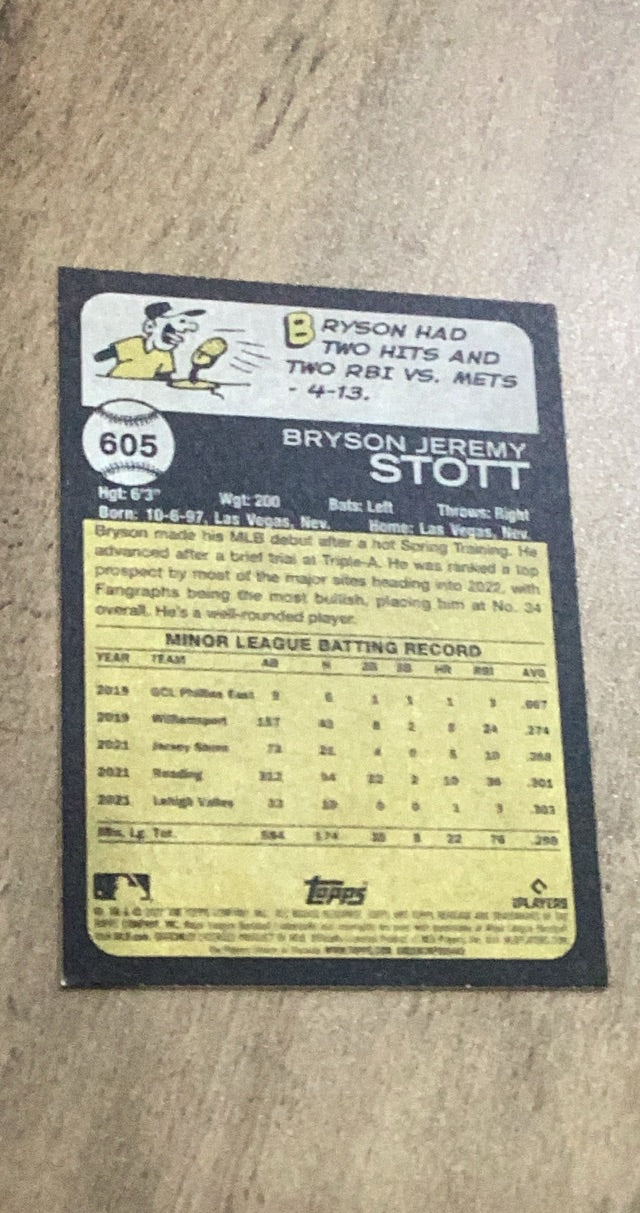 Bryson Stott 2022 Topps Heritage 605 rookie card image rear