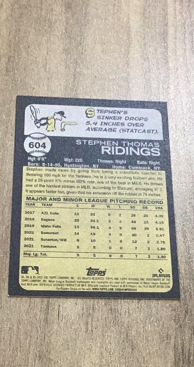 Stephen Ridings 2022 Topps Heritage 604 rookie card image rear