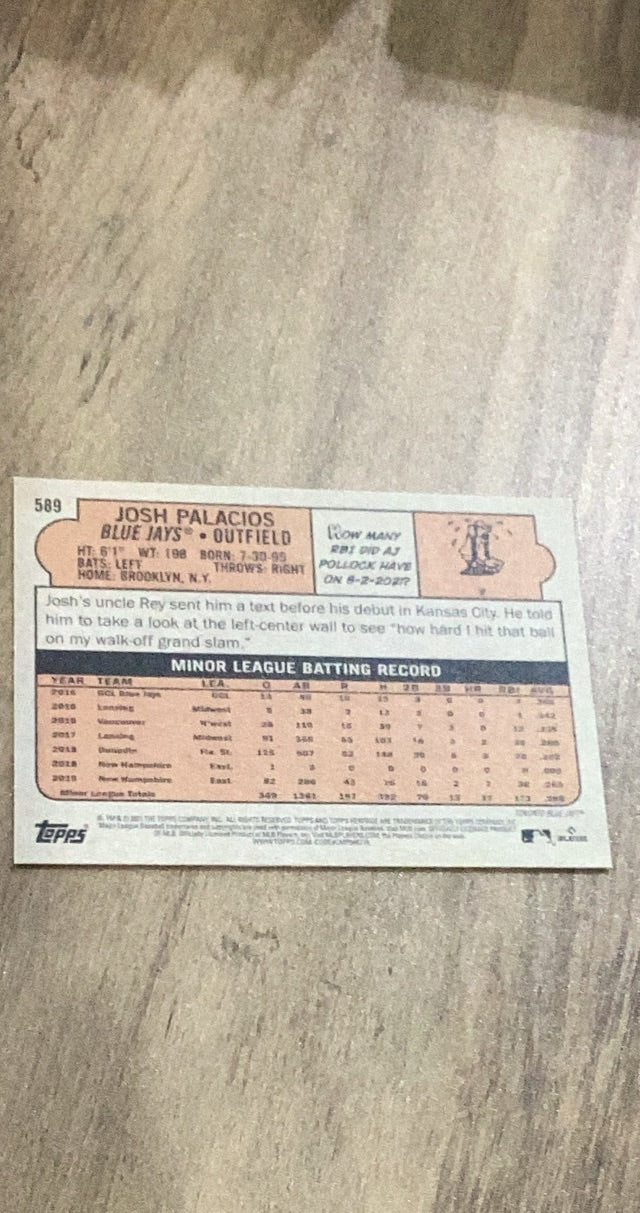 Josh Palacios 2021 Topps Heritage 589 rookie card image rear