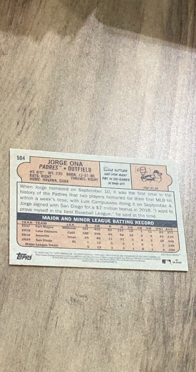 Jorge Ona 2021 Topps Heritage 504 rookie card image rear