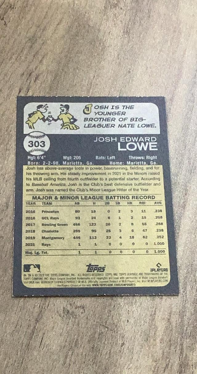 Josh Lowe 2022 Topps Heritage 303 rookie card image rear