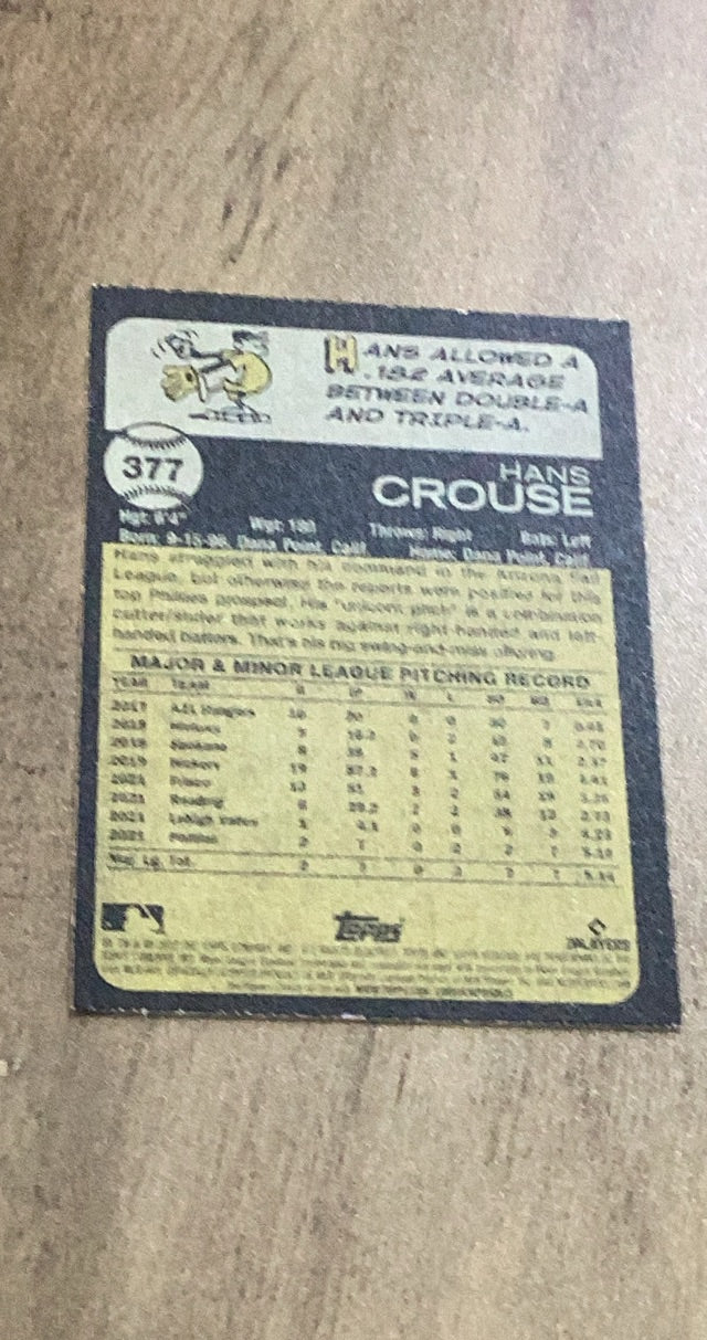 Hans Crouse MLB Philadelphia Phillies 2022 Topps Heritage 377 RC Trading Card Topps