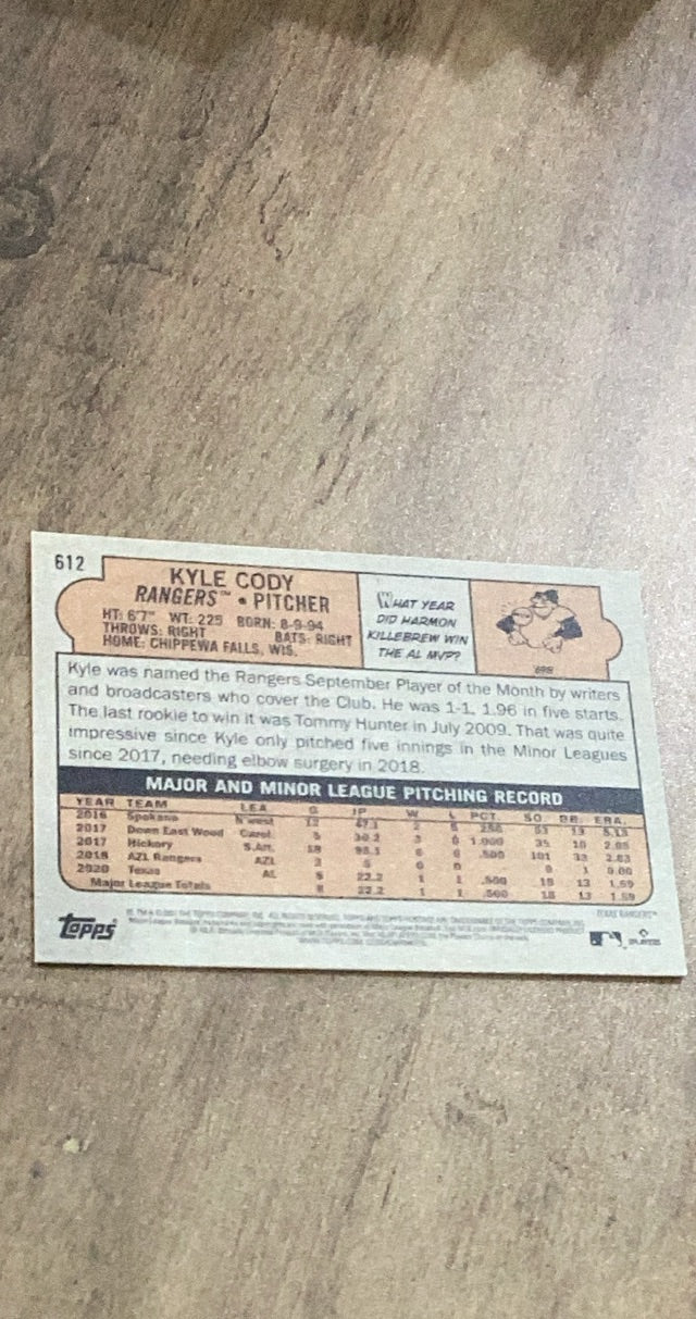 Kyle Cody 2021 Topps Heritage 612 rookie card image rear