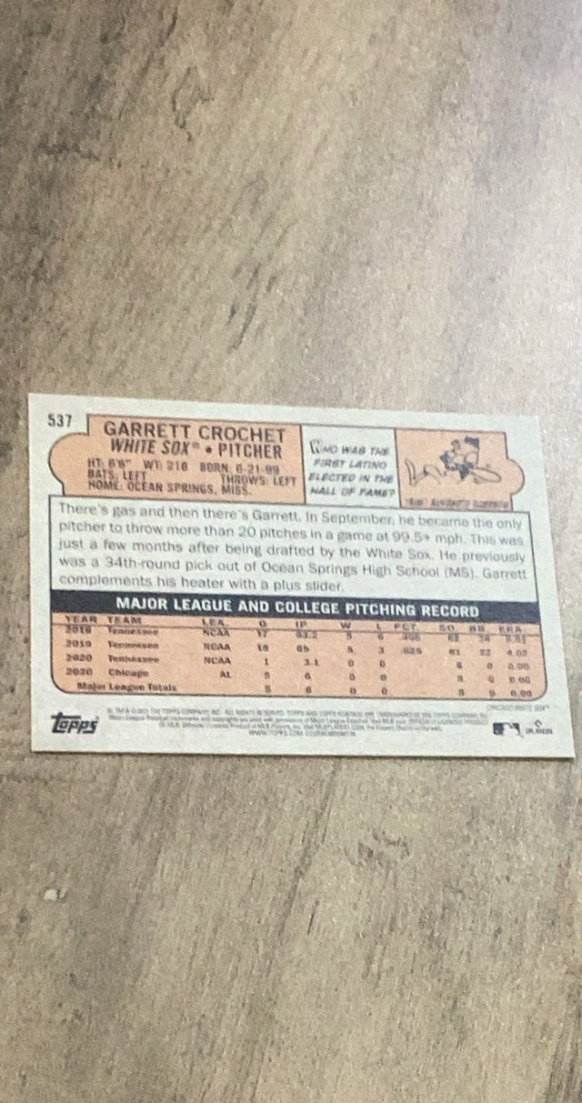 Garrett Crochet 2021 Topps Heritage 537 rookie card image rear