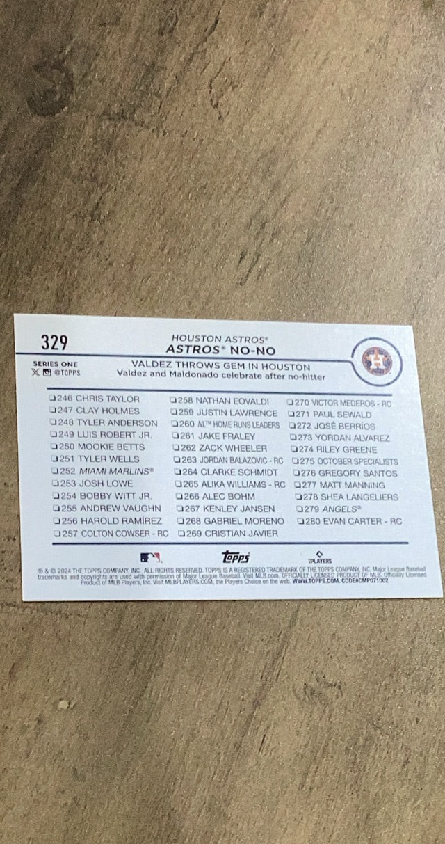 Astros No-No Valdez 2024 Topps 329 insert image rear