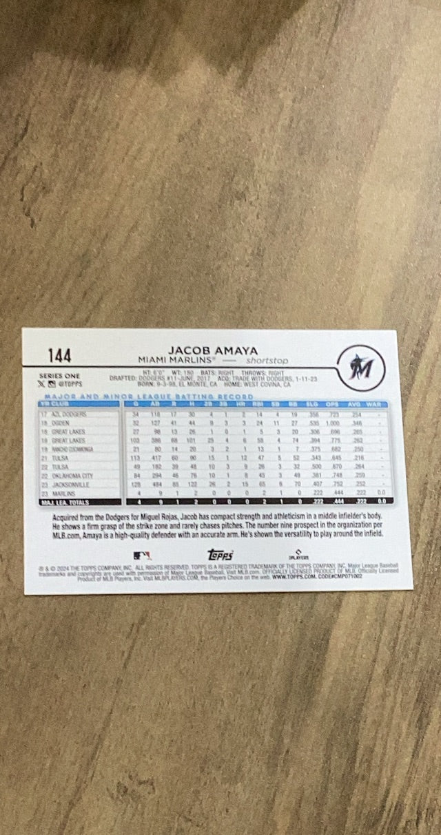 Jacob Amaya 2024 Topps 144 rookie card image rear