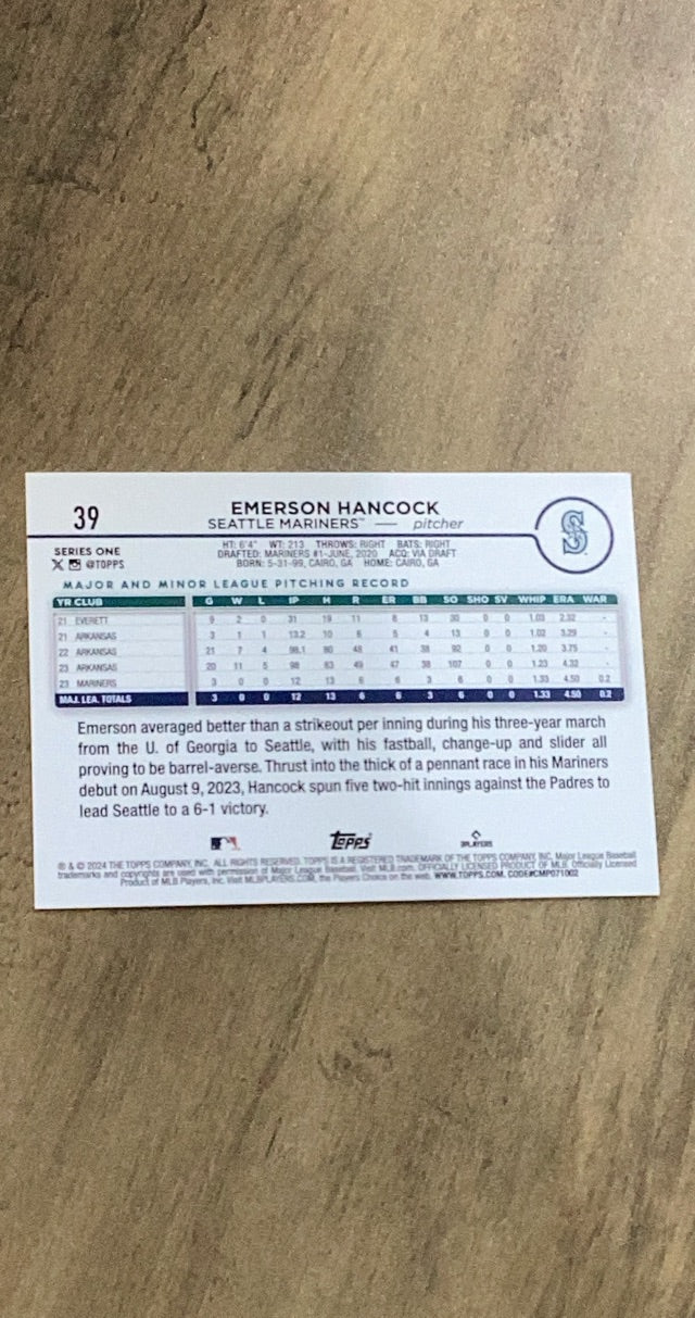 Emerson Hancock 2024 Topps 39 rookie card image rear