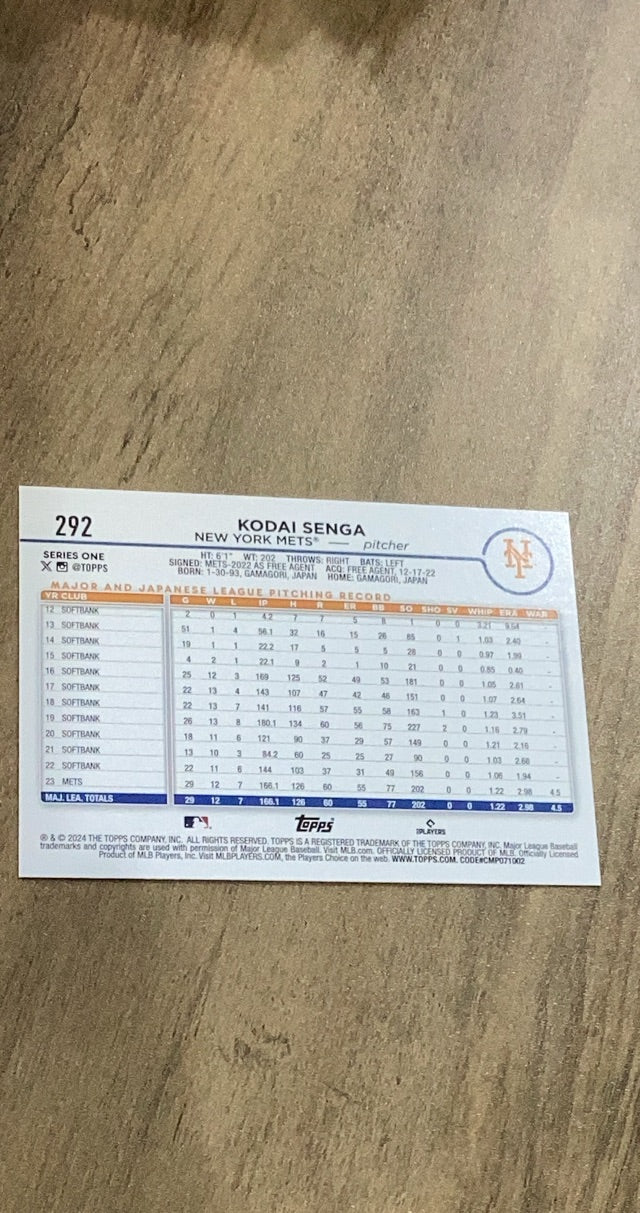 Kodai Senga 2024 Topps 292 RC insert image rear