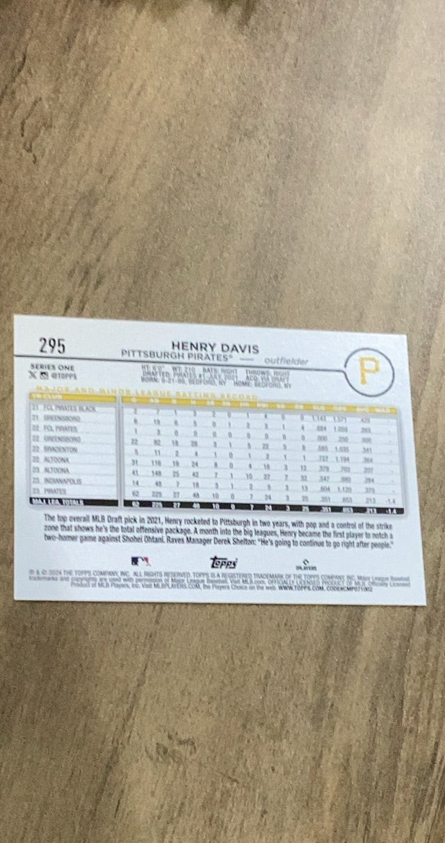 Henry Davis 2024 Topps 295 rookie card image rear
