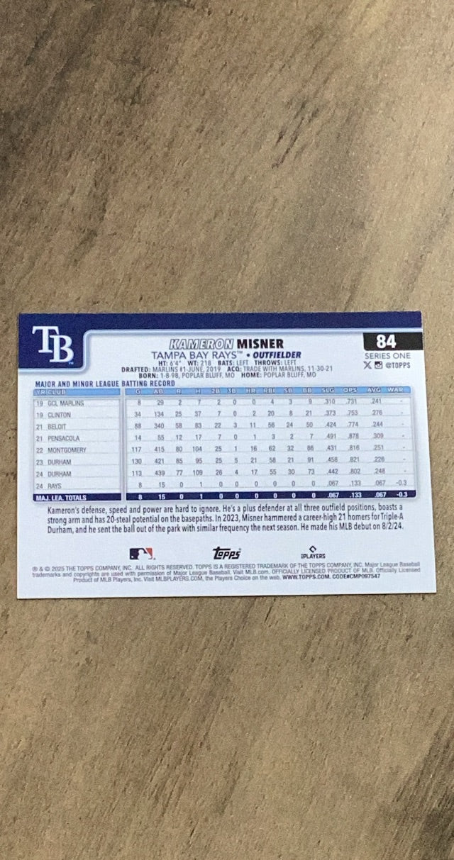 Kameron Misner 2025 Topps 84 rookie card image rear