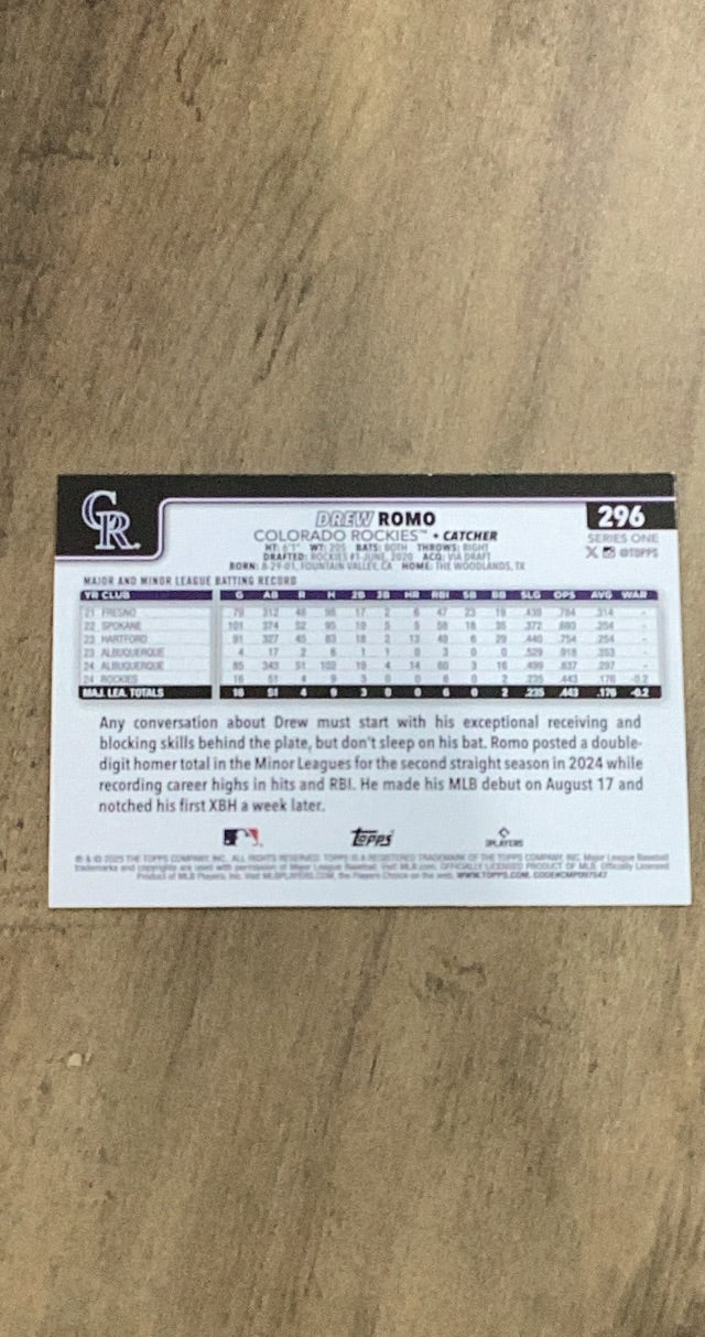 Drew Romo 2025 Topps 296 rookie card image rear
