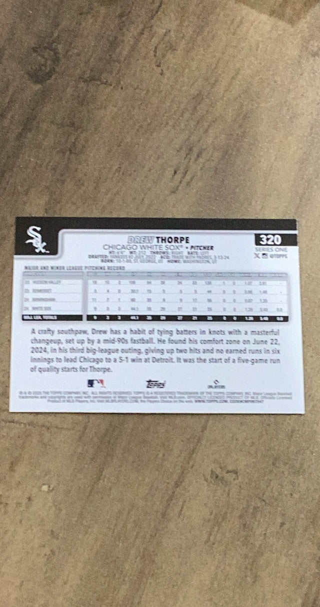 Drew Thorpe 2025 Topps 320 rookie card image rear
