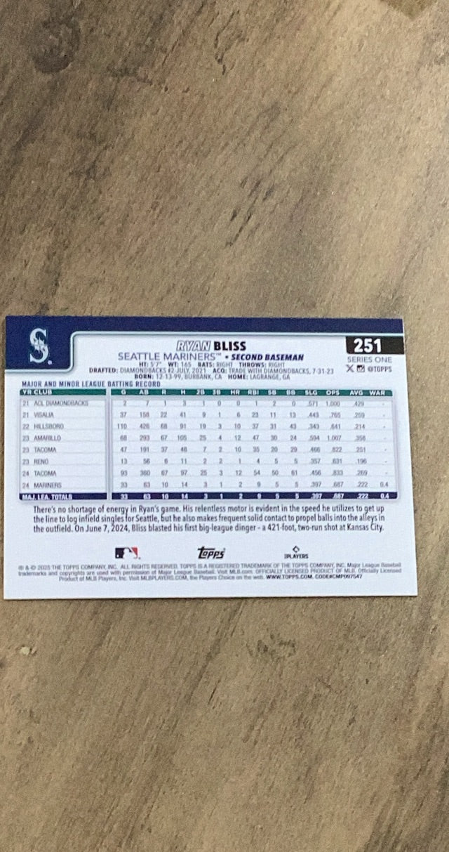 Ryan Bliss 2025 Topps 251 rookie card image rear