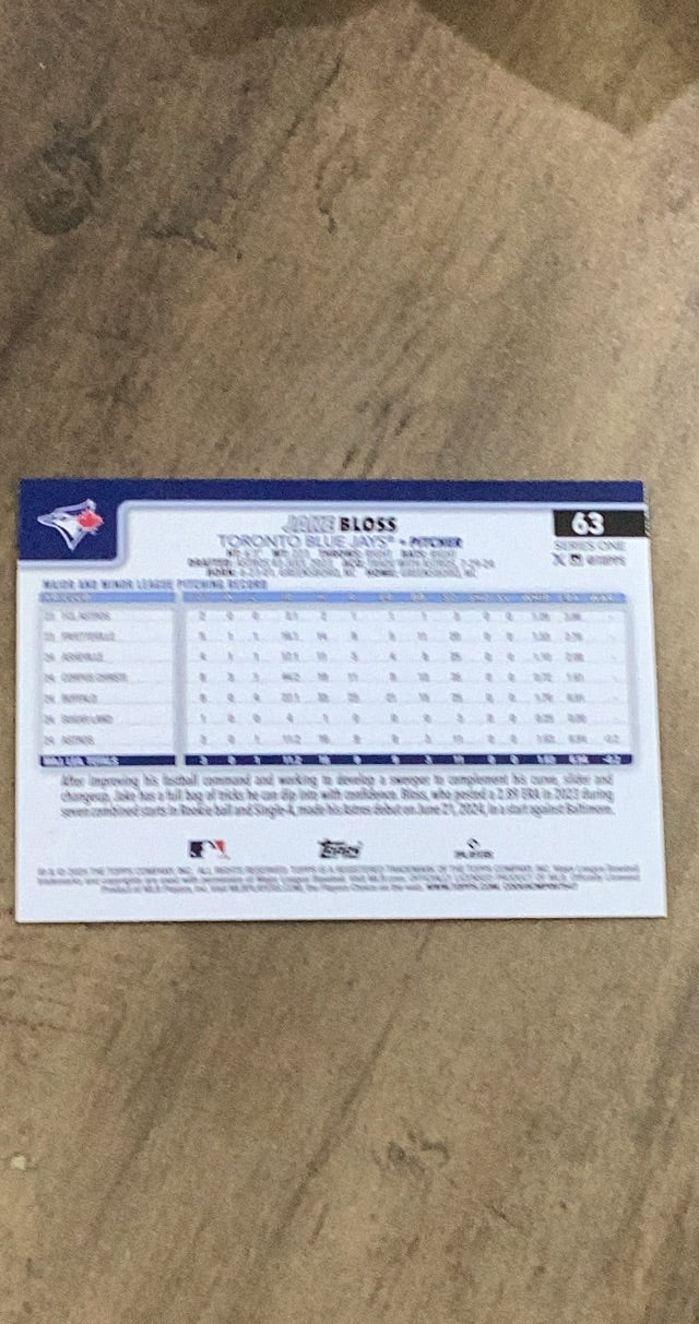 Jake Bloss 2025 Topps 63 rookie card image rear