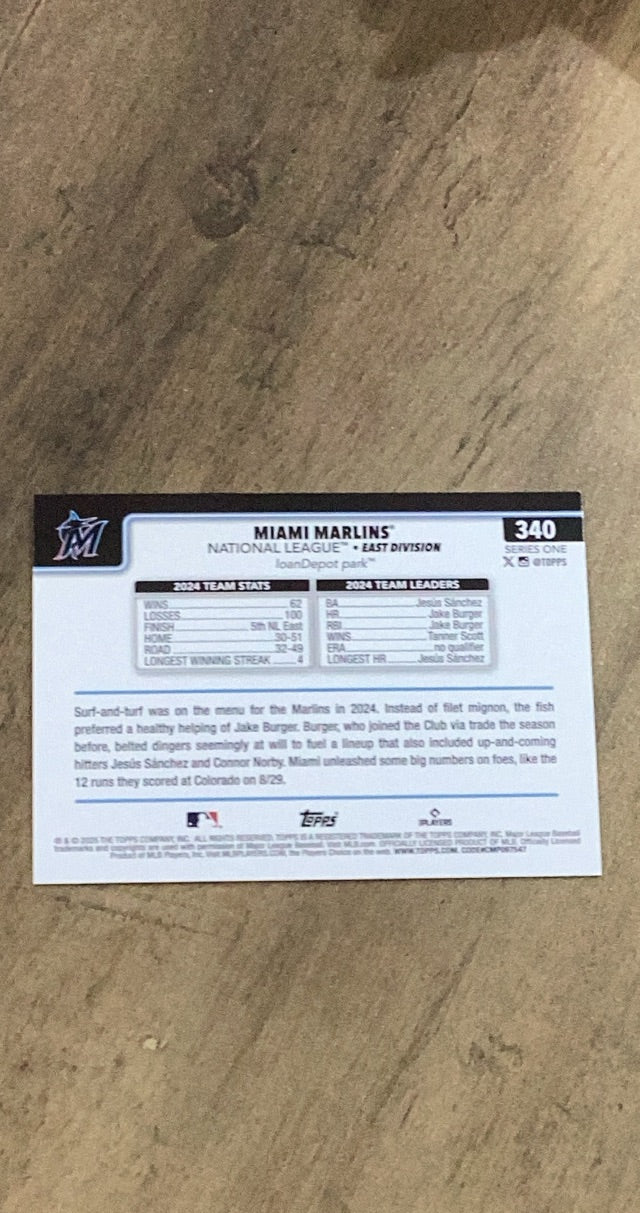 Miami Marlins 2025 Topps 340 team card image rear