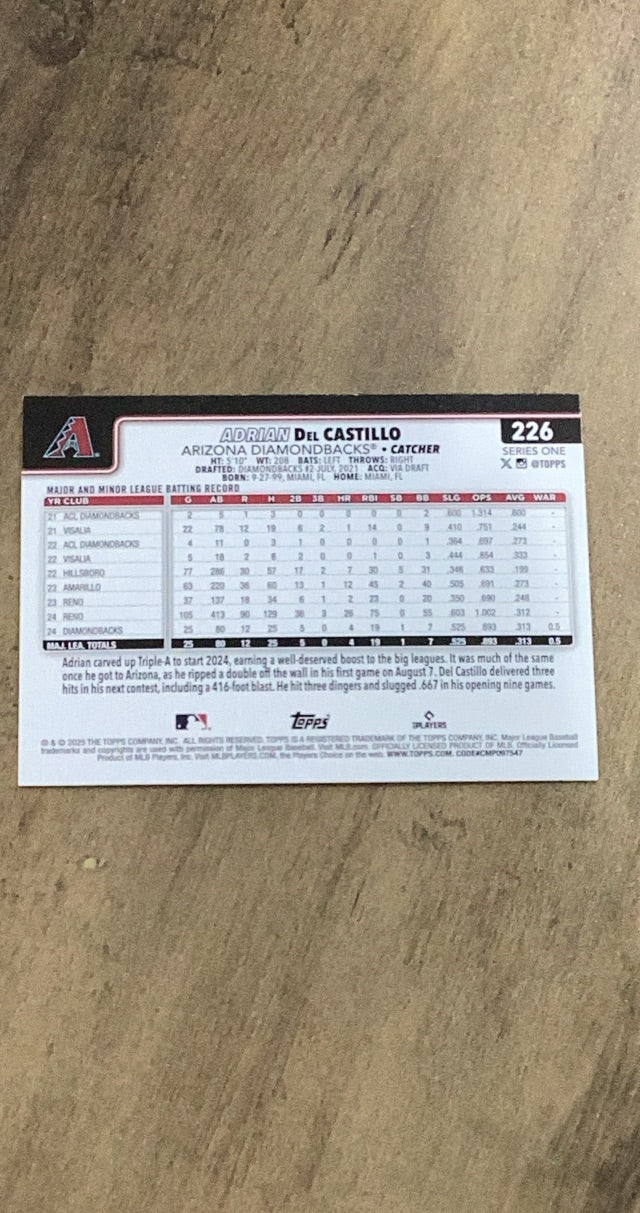Adrian Del Castillo 2025 Topps 226 rookie card image rear