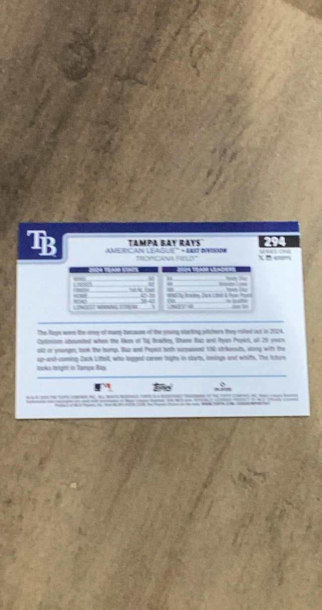 Tampa Bay Rays 2025 Topps Spring Training 294 trading card image rear