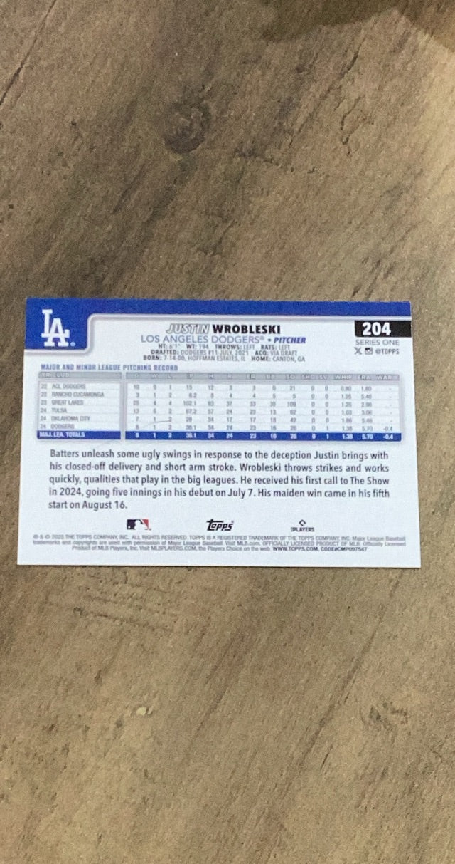 Justin Wrobleski MLB Los Angeles Dodgers 2025 Topps 204 RC Trading Card