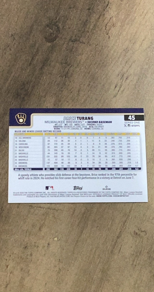 Brice Turang 2025 Topps 45 Trading Card image rear