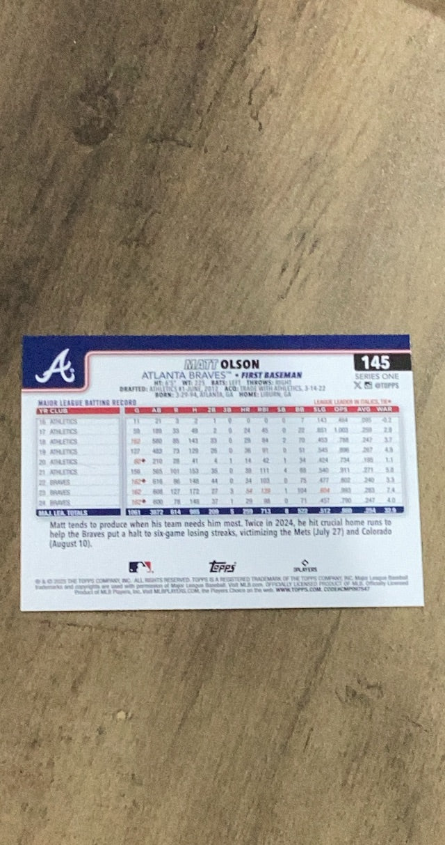 Matt Olson MLB Atlanta Braves 2025 Topps 145 Spring Training Trading Card Topps