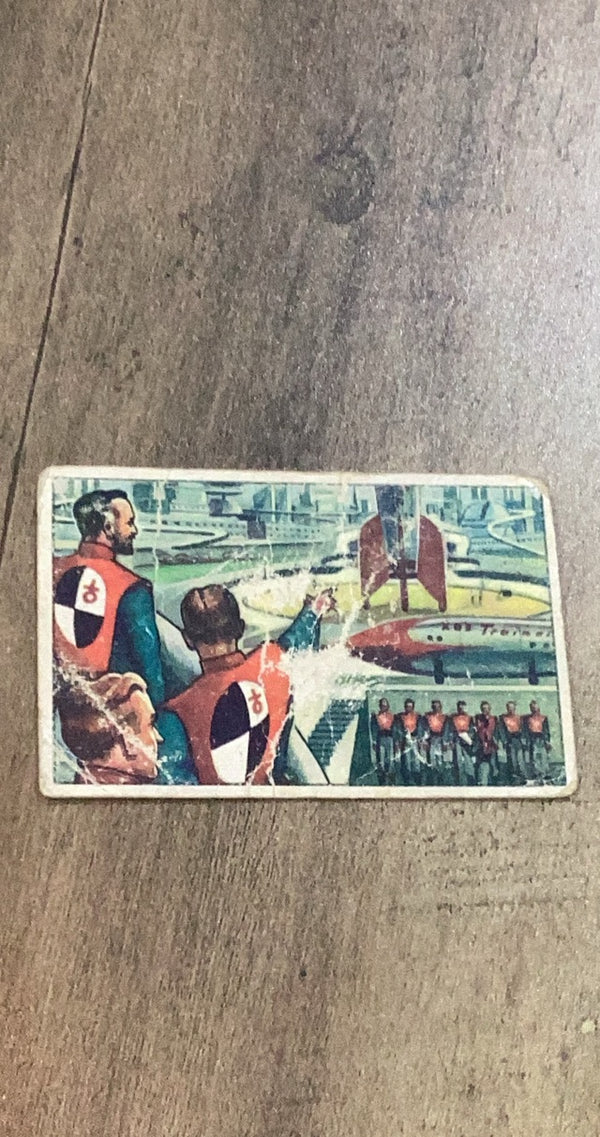 Spacemen Inspect Rocket Center 1951 Bowman 1 trading card image front